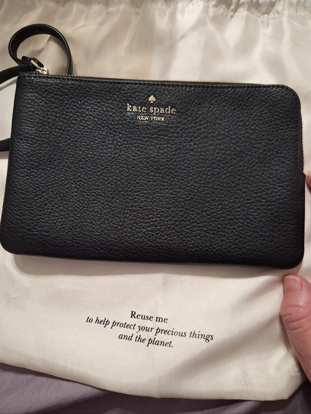 kate spade Black Pebbled Leather Wristlet Clutch with Gold Logo
